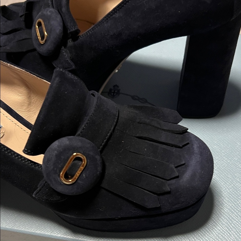 Prada Black Suede Platform Heels with Fringe - Picture 13 of 16